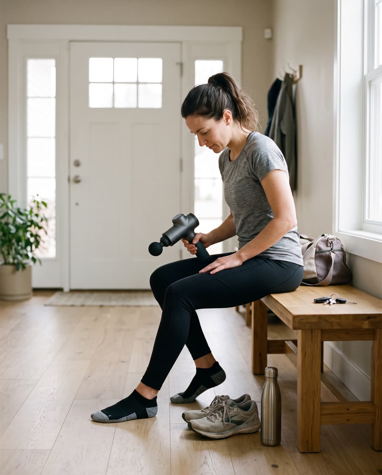 Une femme en tenue de course masse l'avant de sa cuisse avec le pistolet Frappe, assise sur un banc